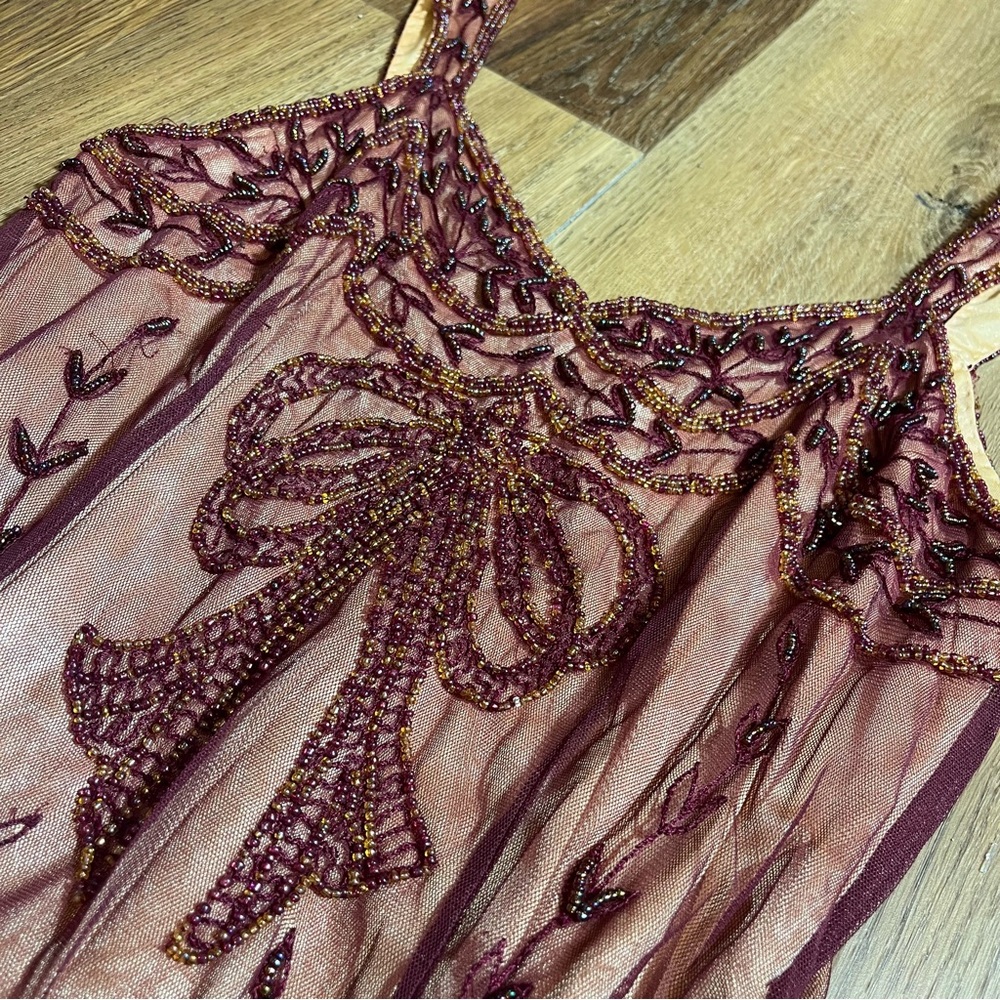 Vintage Y2K Beaded Dress Vintage Embroidered Mesh Burgundy Bow Flapper Dress - Picture 6 of 14